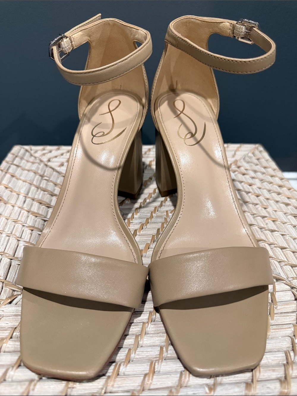 Sam Edelman Beige Ankle-Strap Block Heel Sandals